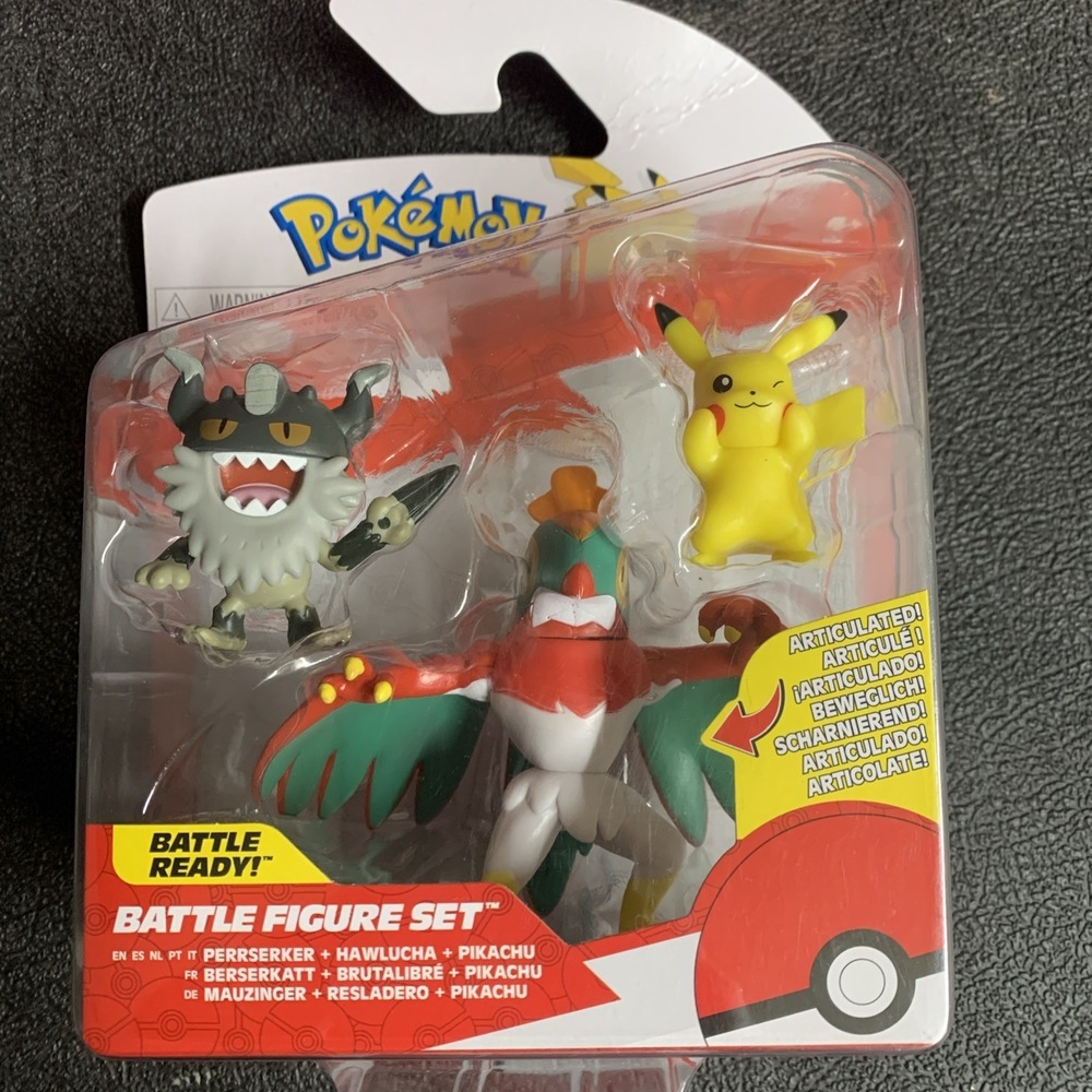 Pokemon Battle Figure Set 3-Pack - Perrserker, Hawlucha & Pikachu - Jazwares NEW
